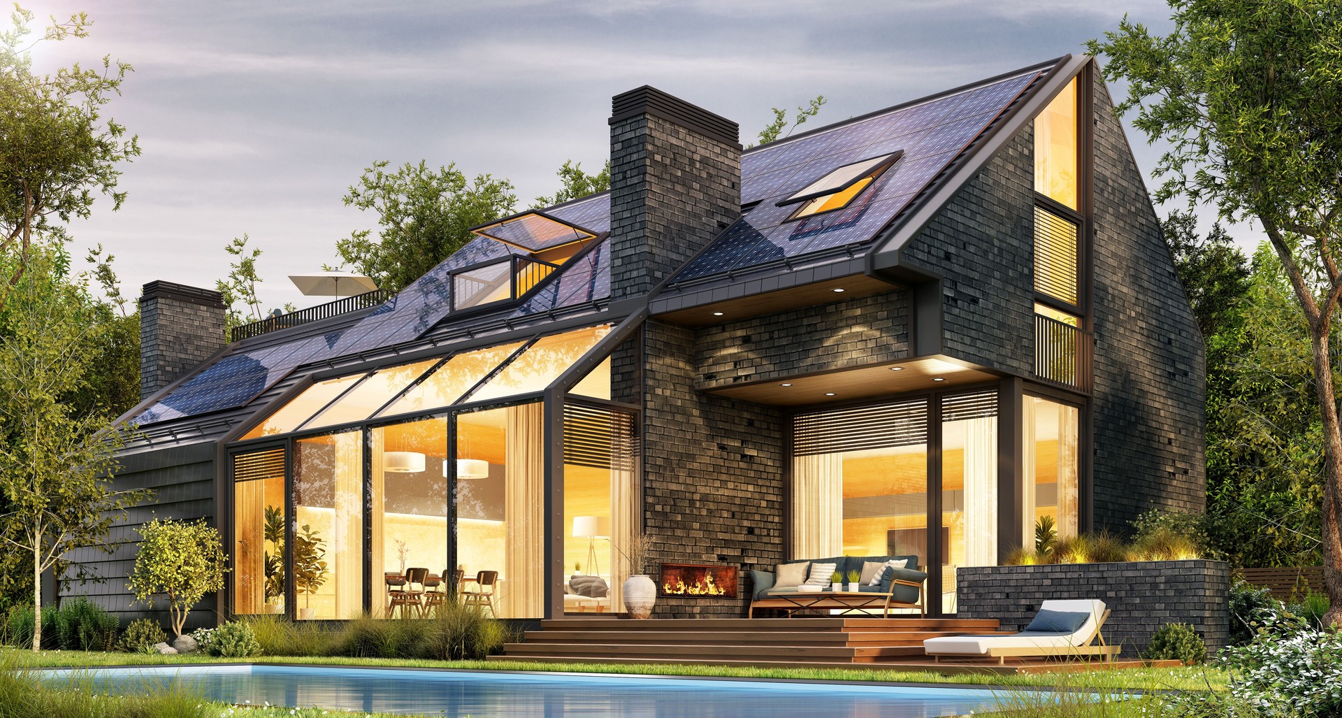 Modern house with swimming pool and solar panels